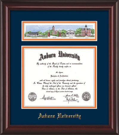 Image of Auburn University Diploma Frame - Mahogany Lacquer - w/Embossed Seal & Name - Campus Collage - Navy on Orange mat