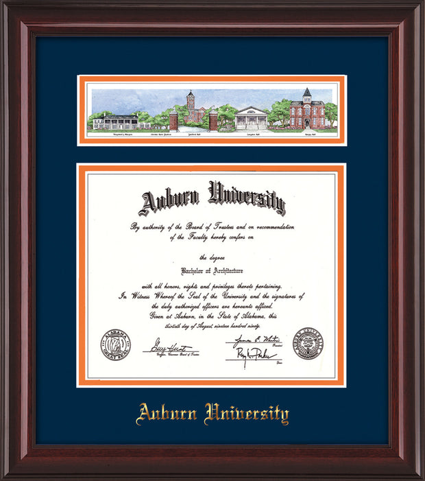 Image of Auburn University Diploma Frame - Mahogany Lacquer - w/Embossed Seal & Name - Campus Collage - Navy on Orange mat