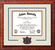 Image of Auburn University Diploma Frame - Mezzo Gloss - w/Laser AU Logo Cutout - Cream on Navy on Orange mat