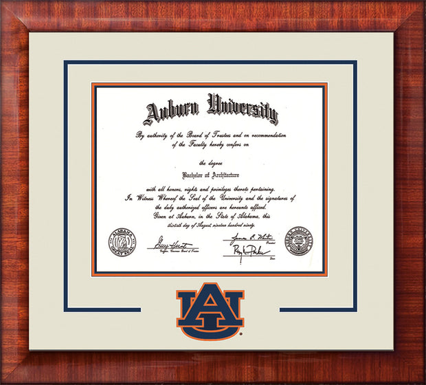 Image of Auburn University Diploma Frame - Mezzo Gloss - w/Laser AU Logo Cutout - Cream on Navy on Orange mat