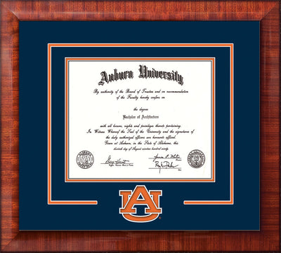 Image of Auburn University Diploma Frame - Mezzo Gloss - w/Laser AU Logo Cutout - Navy on Orange mat