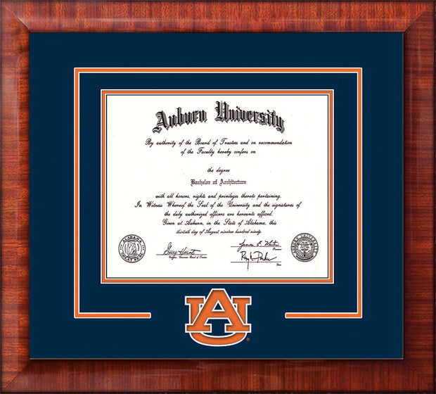 Image of Auburn University Diploma Frame - Mezzo Gloss - w/Laser AU Logo Cutout - Navy on Orange mat