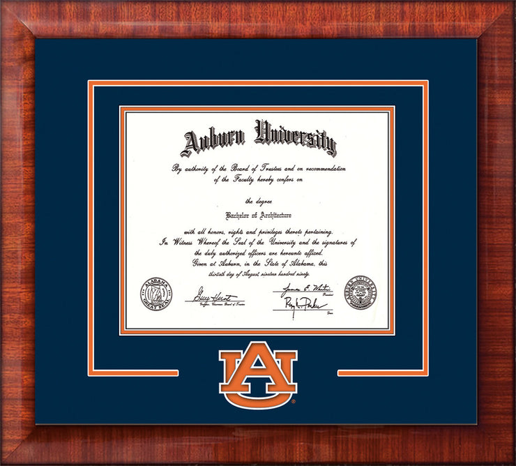 Image of Auburn University Diploma Frame - Mezzo Gloss - w/Laser AU Logo Cutout - Navy on Orange mat