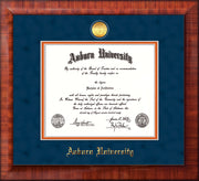 Image of Auburn University Diploma Frame - Mezzo Gloss - w/24k Gold-plated Medallion - Navy Suede on Orange mat