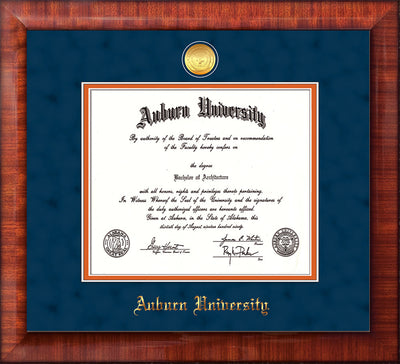 Image of Auburn University Diploma Frame - Mezzo Gloss - w/24k Gold-plated Medallion - Navy Suede on Orange mat