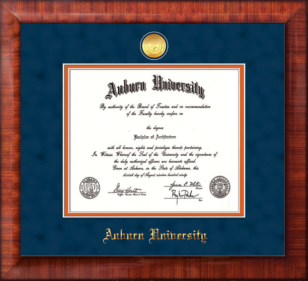Image of Auburn University Diploma Frame - Mezzo Gloss - w/24k Gold-plated Medallion - Navy Suede on Orange mat