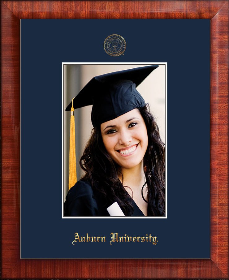 Image of Auburn University 5 x 7 Photo Frame  - Mezzo Gloss - w/Official Embossing of AU Seal & Name - Single Navy mat