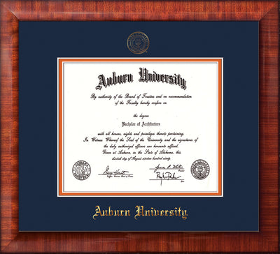 Image of Auburn University Diploma Frame - Mezzo Gloss - w/Embossed Seal & Name - Navy on Orange mat