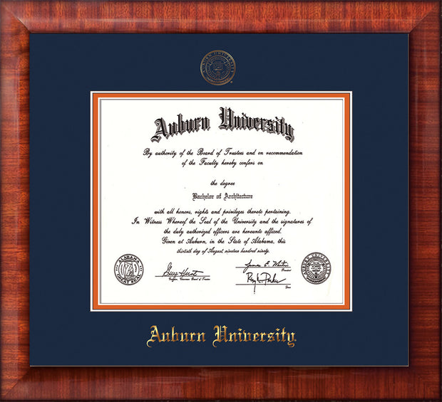 Image of Auburn University Diploma Frame - Mezzo Gloss - w/Embossed Seal & Name - Navy on Orange mat