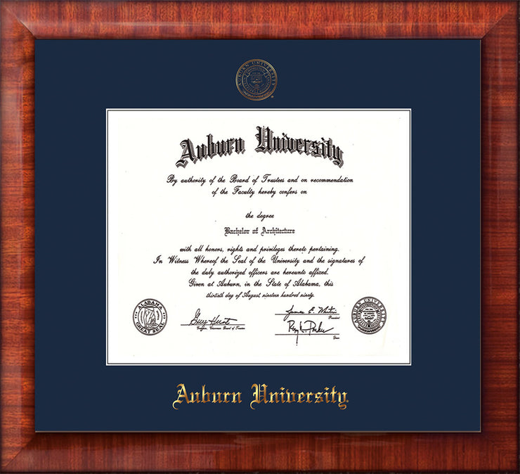 Image of Auburn University Diploma Frame - Mezzo Gloss - w/Embossed Seal & Name - Single Navy Mat