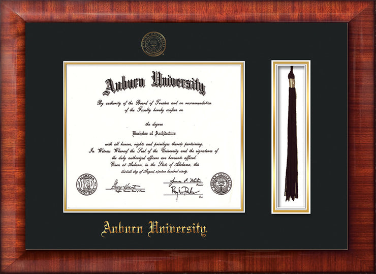 Image of Auburn University Diploma Frame - Mezzo Gloss - w/Embossed Seal & Name - Tassel Holder - Black on Gold mat