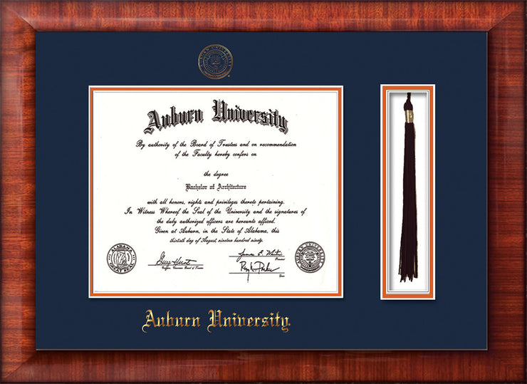 Image of Auburn University Diploma Frame - Mezzo Gloss - w/Embossed Seal & Name - Tassel Holder - Navy on Orange mat