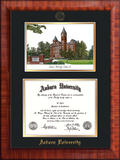 Image of Auburn University Diploma Frame - Mezzo Gloss - w/Embossed Seal & Name - Campus Watercolor - Black on Gold mat