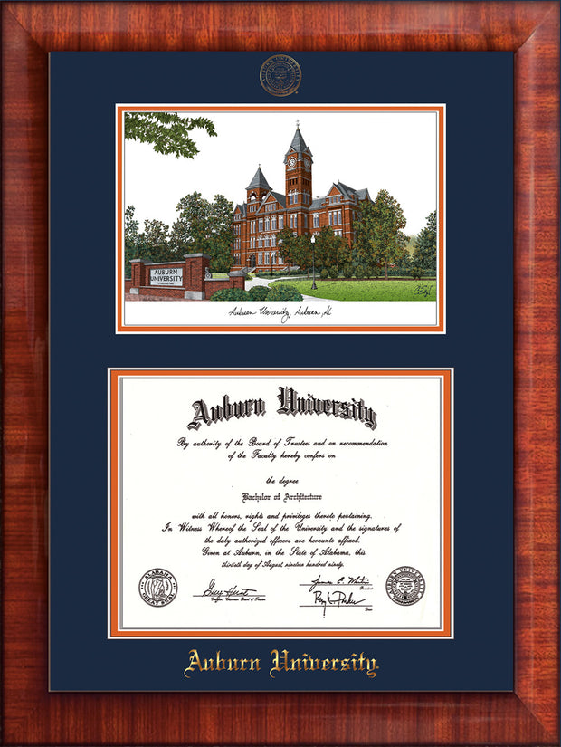 Image of Auburn University Diploma Frame - Mezzo Gloss - w/Embossed Seal & Name - Campus Watercolor - Navy on Orange mat