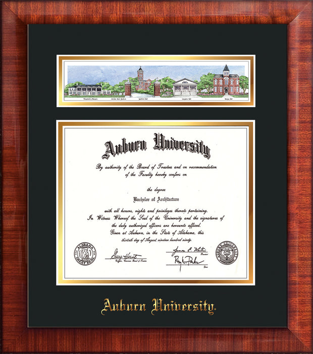 Image of Auburn University Diploma Frame - Mezzo Gloss - w/Embossed School Name Only - Campus Collage - Black on Gold mat