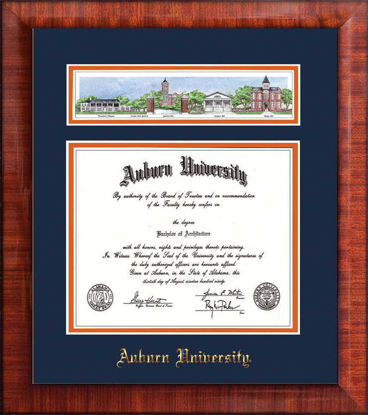 Image of Auburn University Diploma Frame - Mezzo Gloss - w/Embossed School Name Only - Campus Collage - Navy on Orange mat