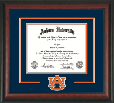 Image of Auburn University Diploma Frame - Rosewood - w/Laser AU Logo Cutout - Navy on Orange mat