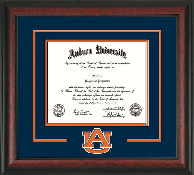 Image of Auburn University Diploma Frame - Rosewood - w/Laser AU Logo Cutout - Navy on Orange mat