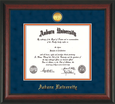 Image of Auburn University Diploma Frame - Rosewood - w/24k Gold-plated Medallion - Navy Suede on Orange mat