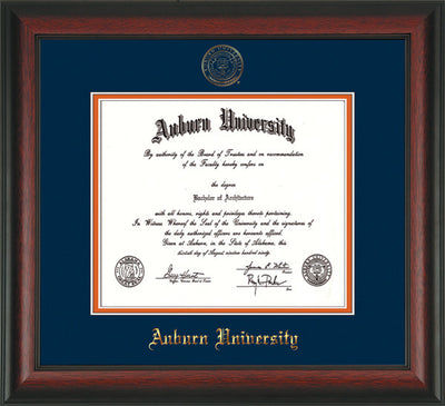Image of Auburn University Diploma Frame - Rosewood - w/Embossed Seal & Name - Navy on Orange mat