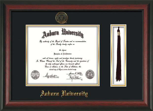Image of Auburn University Diploma Frame - Rosewood - w/Embossed Seal & Name - Tassel Holder - Black on Gold mat