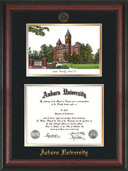 Image of Auburn University Diploma Frame - Rosewood - w/Embossed Seal & Name - Campus Watercolor - Black on Gold mat