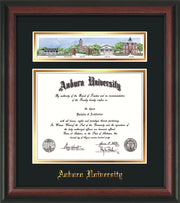 Image of Auburn University Diploma Frame - Rosewood - w/Embossed School Name Only - Campus Collage - Black on Gold mat