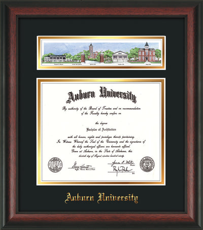 Image of Auburn University Diploma Frame - Rosewood - w/Embossed School Name Only - Campus Collage - Black on Gold mat