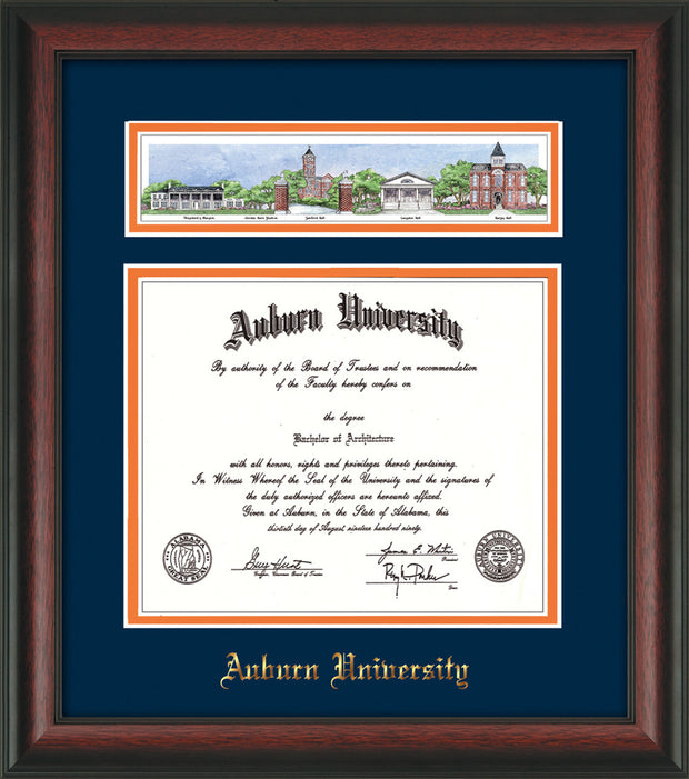 Image of Auburn University Diploma Frame - Rosewood - w/Embossed School Name Only - Campus Collage - Navy on Orange mat