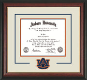 Image of Auburn University Diploma Frame - Rosewood w/Gold Lip - w/Laser AU Logo Cutout - Cream on Navy on Orange mat