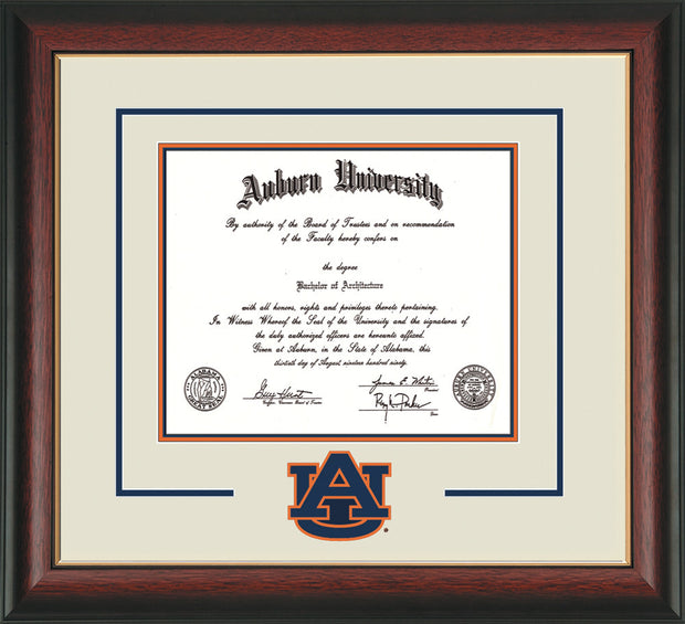 Image of Auburn University Diploma Frame - Rosewood w/Gold Lip - w/Laser AU Logo Cutout - Cream on Navy on Orange mat