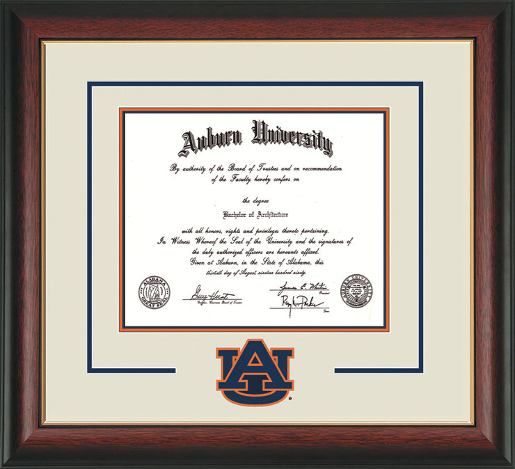Image of Auburn University Diploma Frame - Rosewood w/Gold Lip - w/Laser AU Logo Cutout - Cream on Navy on Orange mat