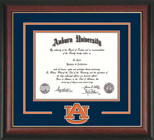 Image of Auburn University Diploma Frame - Rosewood w/Gold Lip - w/Laser AU Logo Cutout - Navy on Orange mat