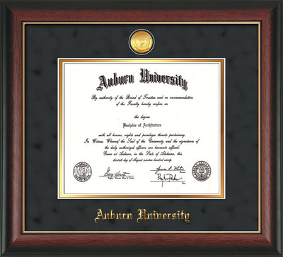 Image of Auburn University Diploma Frame - Rosewood w/Gold Lip - w/24k Gold-plated Medallion - Black Suede on Gold mat