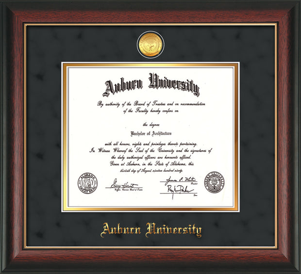 Image of Auburn University Diploma Frame - Rosewood w/Gold Lip - w/24k Gold-plated Medallion - Black Suede on Gold mat