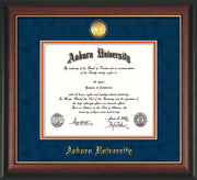 Image of Auburn University Diploma Frame - Rosewood w/Gold Lip - w/24k Gold-plated Medallion - Navy Suede on Orange mat
