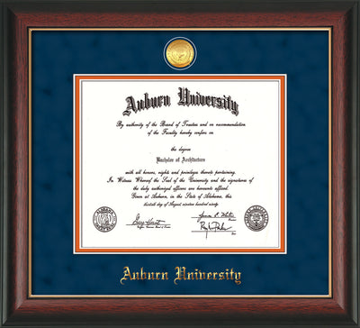 Image of Auburn University Diploma Frame - Rosewood w/Gold Lip - w/24k Gold-plated Medallion - Navy Suede on Orange mat