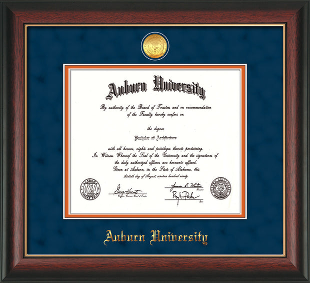Image of Auburn University Diploma Frame - Rosewood w/Gold Lip - w/24k Gold-plated Medallion - Navy Suede on Orange mat