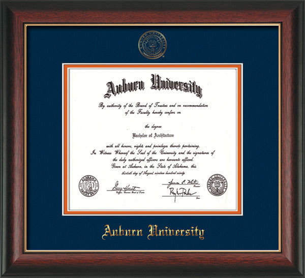 image of Auburn University Diploma Frame - Rosewood w/Gold Lip - w/Embossed Seal & Name - Navy on Orange mat