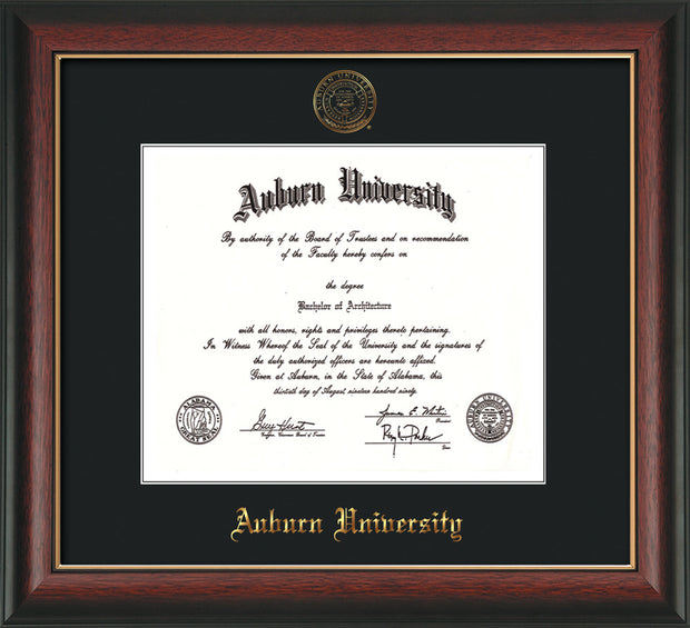 Image of Auburn University Diploma Frame - Rosewood w/Gold Lip - w/Embossed Seal & Name - Single Black Mat