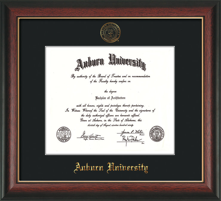 Image of Auburn University Diploma Frame - Rosewood w/Gold Lip - w/Embossed Seal & Name - Single Black Mat