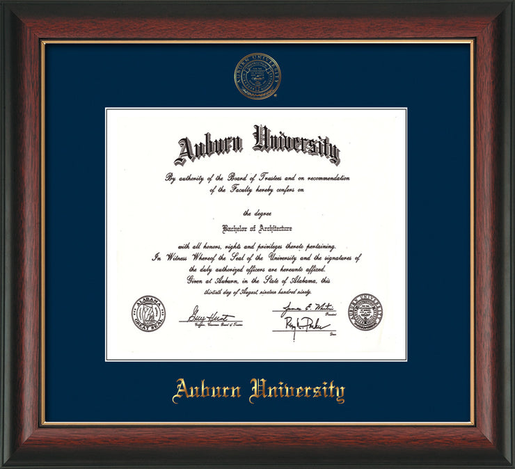 Image of Auburn University Diploma Frame - Rosewood w/Gold Lip - w/Embossed Seal & Name - Single Navy Mat
