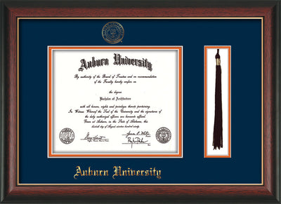 Image of Auburn University Diploma Frame - Rosewood w/Gold Lip - w/Embossed Seal & Name - Tassel Holder - Navy on Orange mat