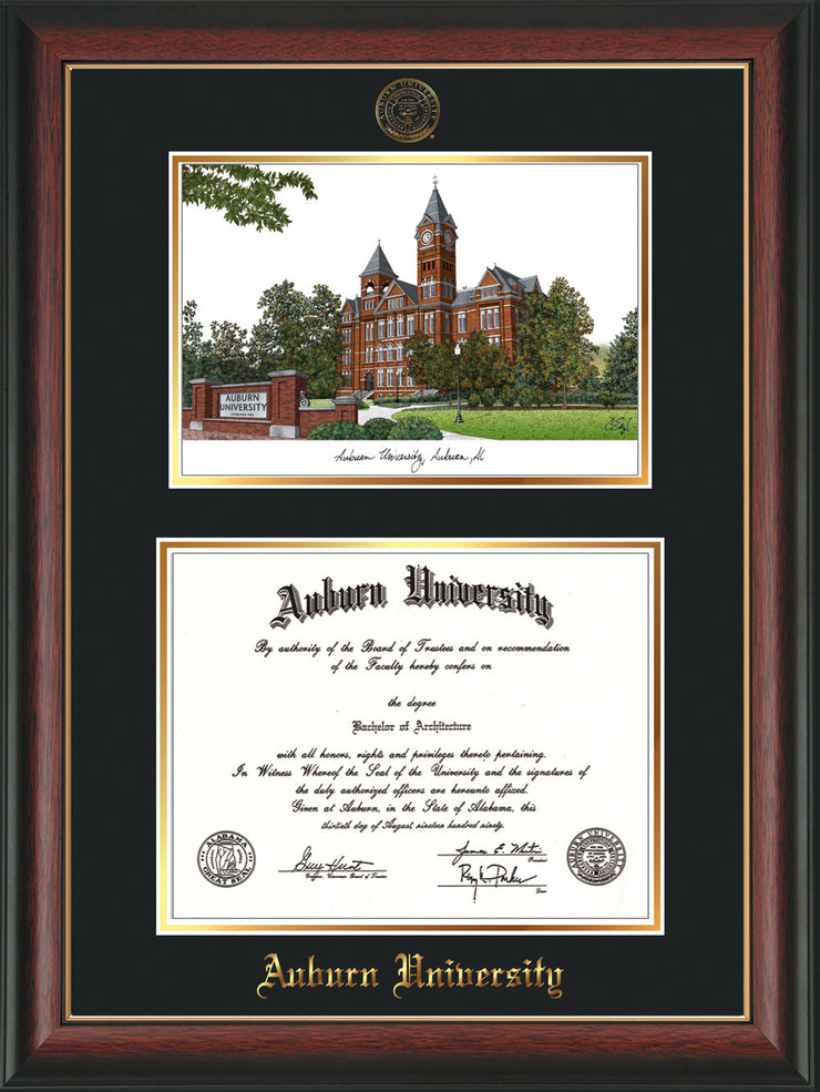 Image of Auburn University Diploma Frame - Rosewood w/Gold Lip - w/Embossed Seal & Name - Campus Watercolor - Black on Gold mat