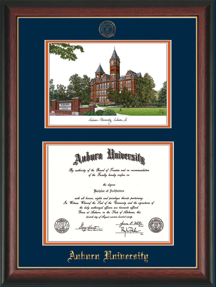 Image of Auburn University Diploma Frame - Rosewood w/Gold Lip - w/Embossed Seal & Name - Campus Watercolor - Navy on Orange mat