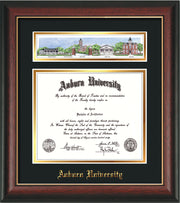 Image of Auburn University Diploma Frame - Rosewood w/Gold Lip - w/Embossed School Name Only - Campus Collage - Black on Gold mat