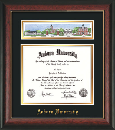 Image of Auburn University Diploma Frame - Rosewood w/Gold Lip - w/Embossed School Name Only - Campus Collage - Black on Gold mat