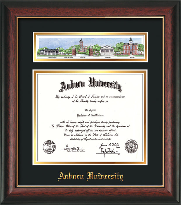 Image of Auburn University Diploma Frame - Rosewood w/Gold Lip - w/Embossed School Name Only - Campus Collage - Black on Gold mat