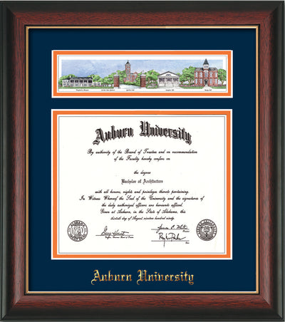 Image of Auburn University Diploma Frame - Rosewood w/Gold Lip - w/Embossed School Name Only - Campus Collage - Navy on Orange mat