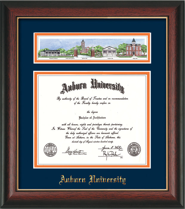 Image of Auburn University Diploma Frame - Rosewood w/Gold Lip - w/Embossed School Name Only - Campus Collage - Navy on Orange mat